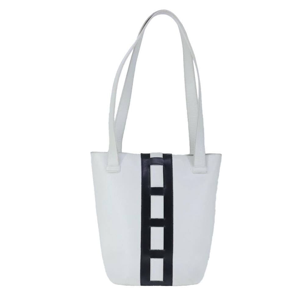 CELINE Ribbon Tote Bag Leather White Black - Picture 3 of 12